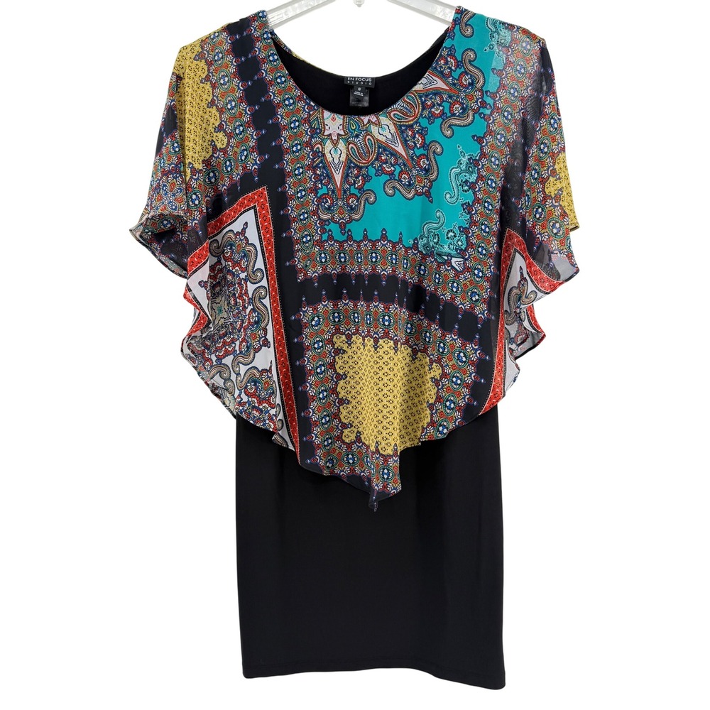 En Focus Studio Black Shift Dress Abstract Print Overlay Women's Size‎ 8